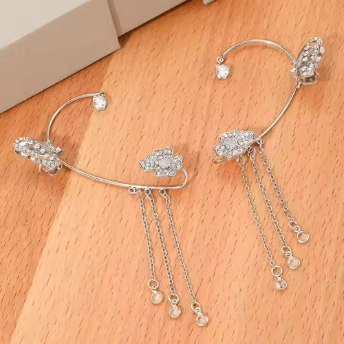 One pair, silver ！Trendy Hot Selling Party Shining Zircon Flower Butterfly Bling Silver Gold Rhinestone Ear Clip Earrings for Women