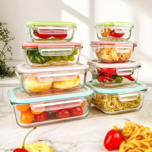 8 Pack Premium Glass Food Storage Containers - Airtight Leak-Proof Microwave Oven Freezer and Dishwasher Safe - BPA Free Stain-Resistant Easy-Clean Design for Meal Prep and Bento Boxes