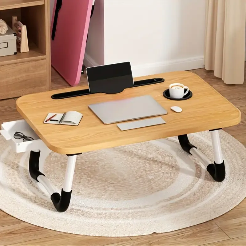 1pc Multifunctional Folding Table With Cup Holder - Portable Bed Tray Table For Eating, Reading And Writing On The Bed Sofa Or Floor -Non-slip Legs Ensure Stability And Easy Storage Without Taking