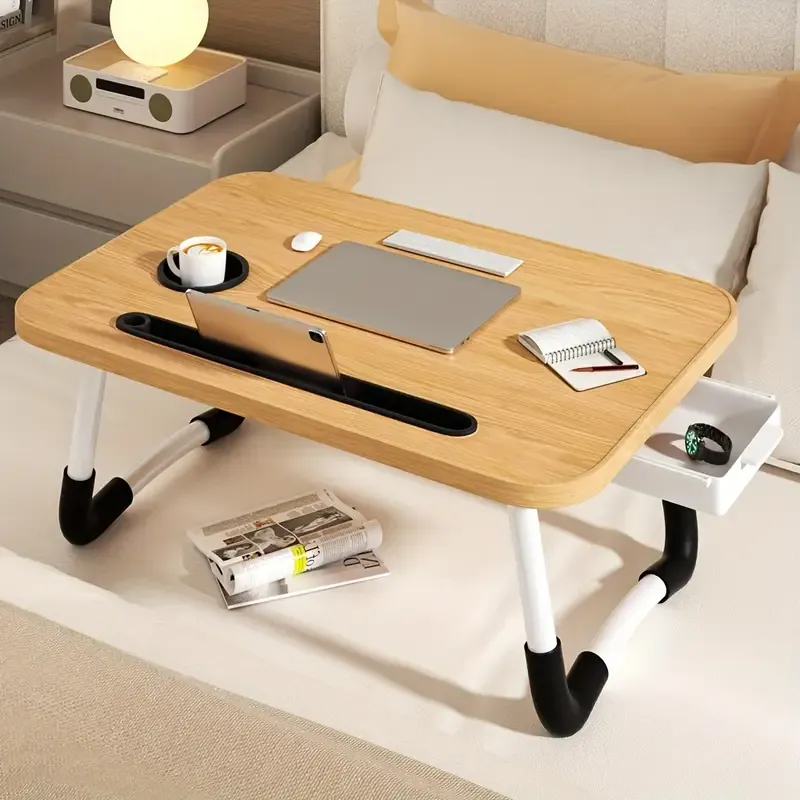 1pc Multifunctional Folding Table With Cup Holder - Portable Bed Tray Table For Eating, Reading And Writing On The Bed Sofa Or Floor -Non-slip Legs Ensure Stability And Easy Storage Without Taking