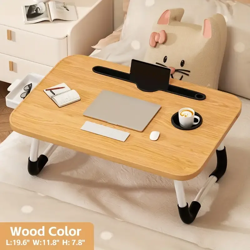 1pc Multifunctional Folding Table With Cup Holder - Portable Bed Tray Table For Eating, Reading And Writing On The Bed Sofa Or Floor -Non-slip Legs Ensure Stability And Easy Storage Without Taking