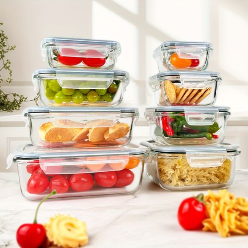 8 Pack Premium Glass Food Storage Containers - Airtight Leak-Proof Microwave Oven Freezer and Dishwasher Safe - BPA Free Stain-Resistant Easy-Clean Design for Meal Prep and Bento Boxes