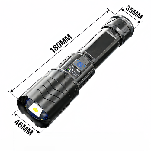 Uma lanterna de emergência ao ar livre super brilhante recarregável com baterias de longa duração e luzes LED com tecnologia preta