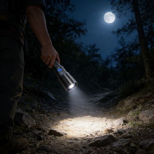 Uma lanterna de emergência ao ar livre super brilhante recarregável com baterias de longa duração e luzes LED com tecnologia preta