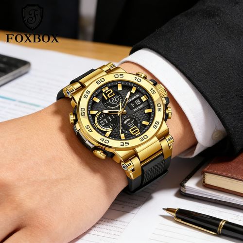 FOXBOX Relógios masculinos luxo esportes moda relógios de exibição dupla digital relógios cronógrafo relógios casuais para homens