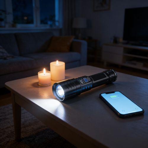 Uma lanterna de emergência ao ar livre super brilhante recarregável com baterias de longa duração e luzes LED com tecnologia preta