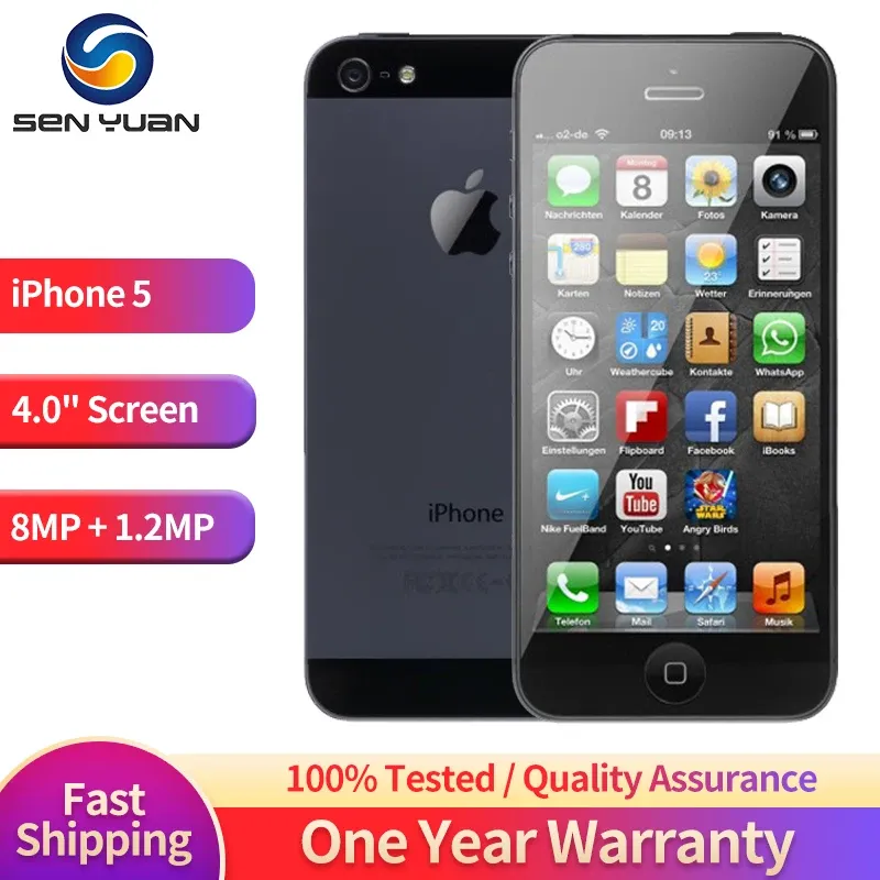 Original iPhone 5 3G Mobile Phone 1GB RAM 16GB 32GB 64GB ROM 4.0'' IPS LCD Screen 8MP+1.2MP GPS WiFi A6 IOS Dual-core SmartPhone