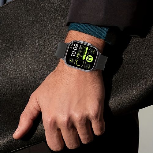 A 2-in-1 smartwatch and wireless earphones with a high-definition display, multiple workout modes, rechargeable polymer battery, silicone strap, date display, stopwatch function, weather check, rectangular face, compatible with both Android and iPhone systems