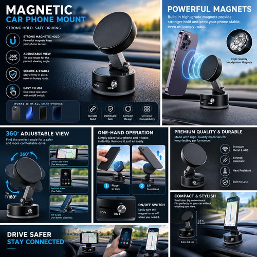 360 degree adjustable magnetic phone holder, foldable portable car phone holder, compatible with all smartphone models, foldable design, specially designed for drivers