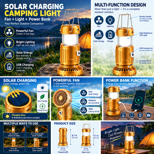 Solar Rechargeable 6-in-1 Camping Light Fan