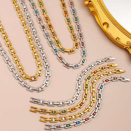High-Quality Fashion Gold Plated Titanium Stainless Steel Chrome Chain Diamond Necklace Set for Women and Girls