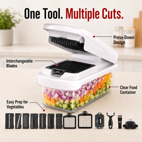 15-in-1 Vegetable Chopper — Food Cutter with 8 Blades and Container for Kitchen Use.