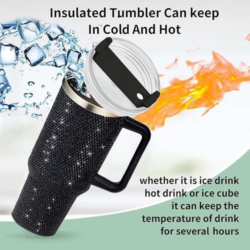 40oz Rihnestone Tumbler Double Wall Stainless Steel With Handle & Straw, twisted Vacuum lid, Insulated mug for Travel,Coffee,Juice,Tea,Water