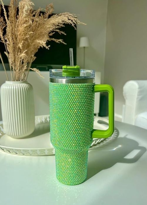 40oz Rihnestone Tumbler Double Wall Stainless Steel With Handle & Straw, twisted Vacuum lid, Insulated mug for Travel,Coffee,Juice,Tea,Water