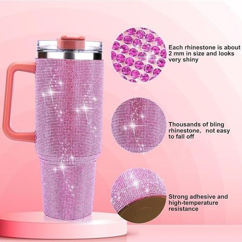 40oz Rihnestone Tumbler Double Wall Stainless Steel With Handle & Straw, twisted Vacuum lid, Insulated mug for Travel,Coffee,Juice,Tea,Water