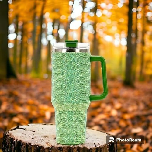 40oz Rihnestone Tumbler Double Wall Stainless Steel With Handle & Straw, twisted Vacuum lid, Insulated mug for Travel,Coffee,Juice,Tea,Water