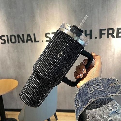 40oz Rihnestone Tumbler Double Wall Stainless Steel With Handle & Straw, twisted Vacuum lid, Insulated mug for Travel,Coffee,Juice,Tea,Water