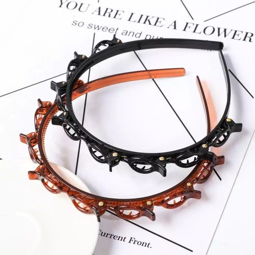 👧2pcs Double Bangs Hairstyle Hair Clips, Double Layer Twist Braid Headband Heidi Layer Hollow Braid Headband Alligator Clip Fashion Girls Braided Hairband