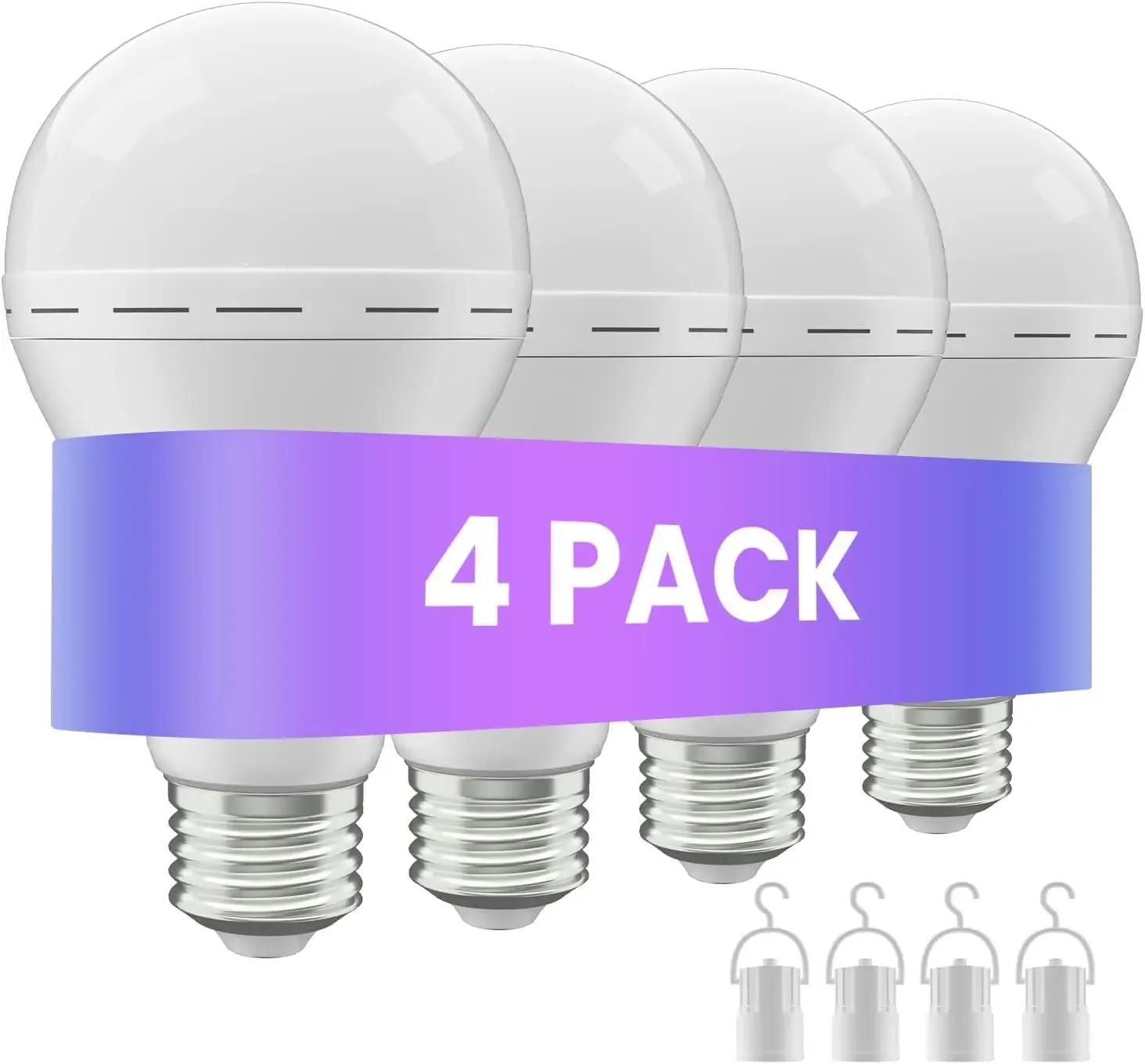 Rechargeable Emergency Light Bulbs 4 Pack A19, 1200mAh for Home Power Outage,Camping Lamp 6000K, 12W (60W Equivalent), 120V, Battery Powered