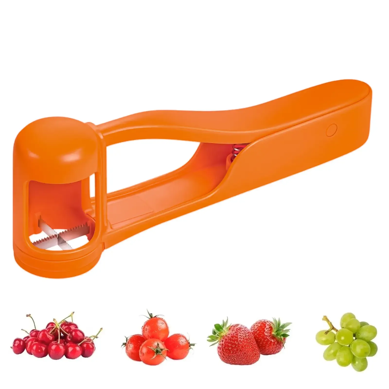 Designed specifically for babies aged 1 to 3 years old-Stainless Steel Fruit Cutter - Durable ABS Fruit Tool for Toddlers 1-3, 1-Press Quarter Slicing, Automatic Spring Return, Thumb Operation, Safe for Cherry Tomato, Kids' Snacks, Outdoor Activities, Party Platters Kitchen Supply