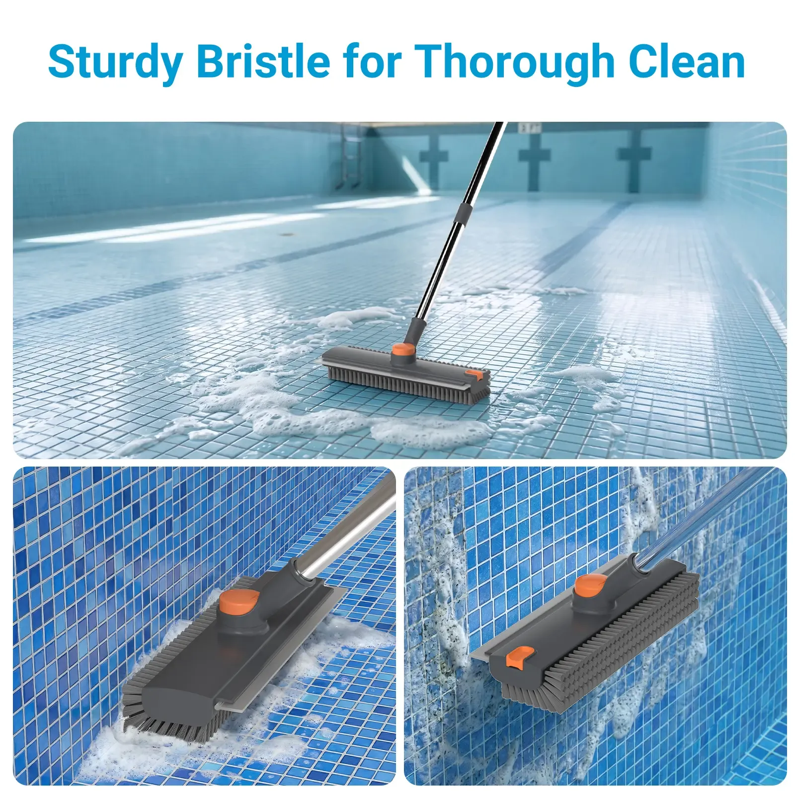 Heavy Duty 4-in-1 Rotatable Long Handle Floor Scrub Brush with Squeegee Blade - Adjustable Stainless Steel Handle, 360° Bristles, Smooth Multi-Surface House Cleaning Tool for Tile, Glass - Home Supplies