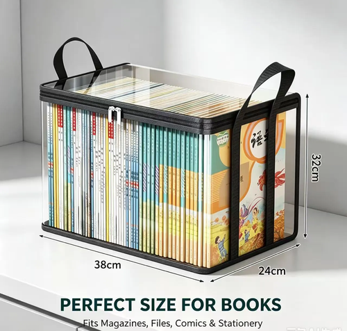 4 Pack Transparent Foldable Storage Box with Handle, Clear Book & File Organizer Bin