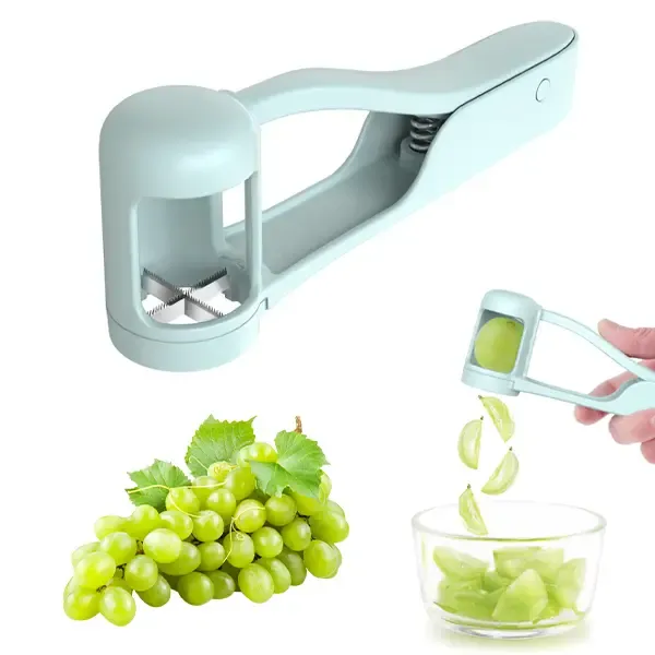 Designed specifically for babies aged 1 to 3 years old-Stainless Steel Fruit Cutter - Durable ABS Fruit Tool for Toddlers 1-3, 1-Press Quarter Slicing, Automatic Spring Return, Thumb Operation, Safe for Cherry Tomato, Kids' Snacks, Outdoor Activities, Party Platters Kitchen Supply