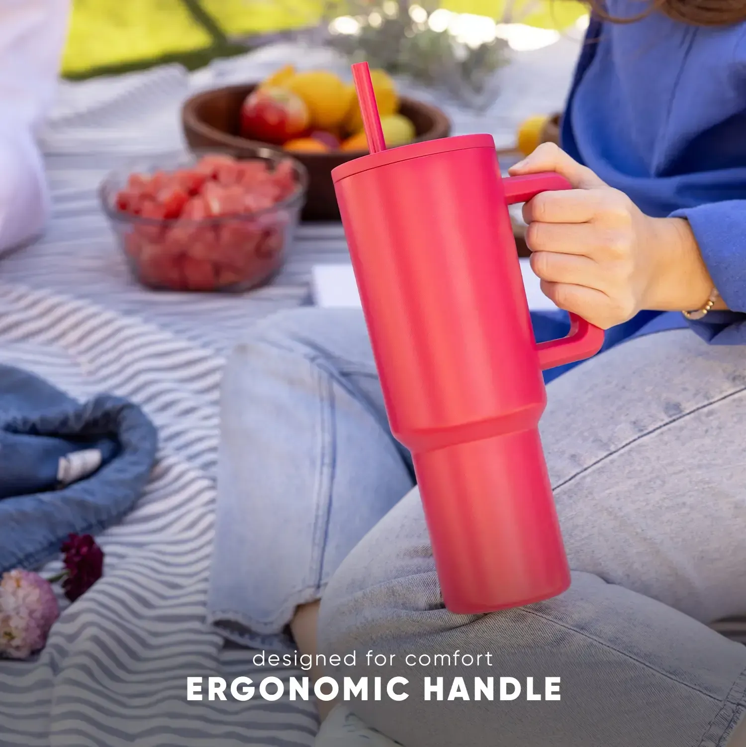 1200ml Large Capacity-Simple Modern 40oz Trek Tumbler with Handle and Straw Lid - Vacuum Insulated Stainless Steel, Reusable, Cupholder Friendly