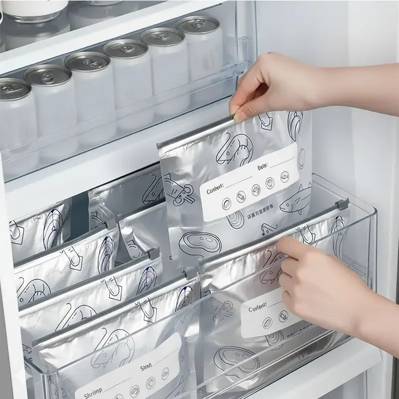 New reusable upgraded thickened upright aluminum foil sealing storage bags, with labels and zipper locks, suitable for washable kitchen items like vegetables, fruits, and meat