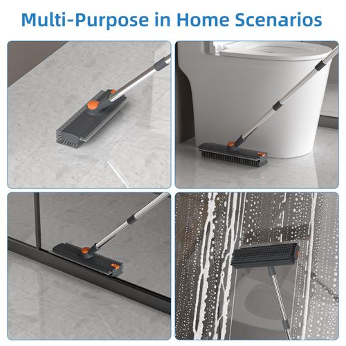 Heavy Duty 4-in-1 Rotatable Long Handle Floor Scrub Brush with Squeegee Blade - Adjustable Stainless Steel Handle, 360° Bristles, Smooth Multi-Surface House Cleaning Tool for Tile, Glass - Home Supplies
