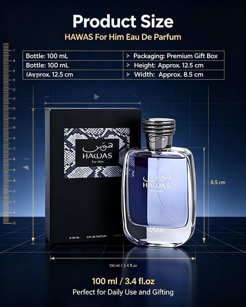 Hawas for Men Eau de Parfum 100ml 3.4 oz by Rassasi Men Perfume Fragrance, Long Lasting Aquatic Mens Perfume.