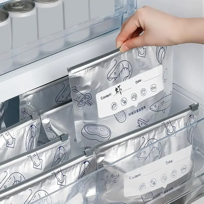 New reusable upgraded thickened upright aluminum foil sealing storage bags, with labels and zipper locks, suitable for washable kitchen items like vegetables, fruits, and meat