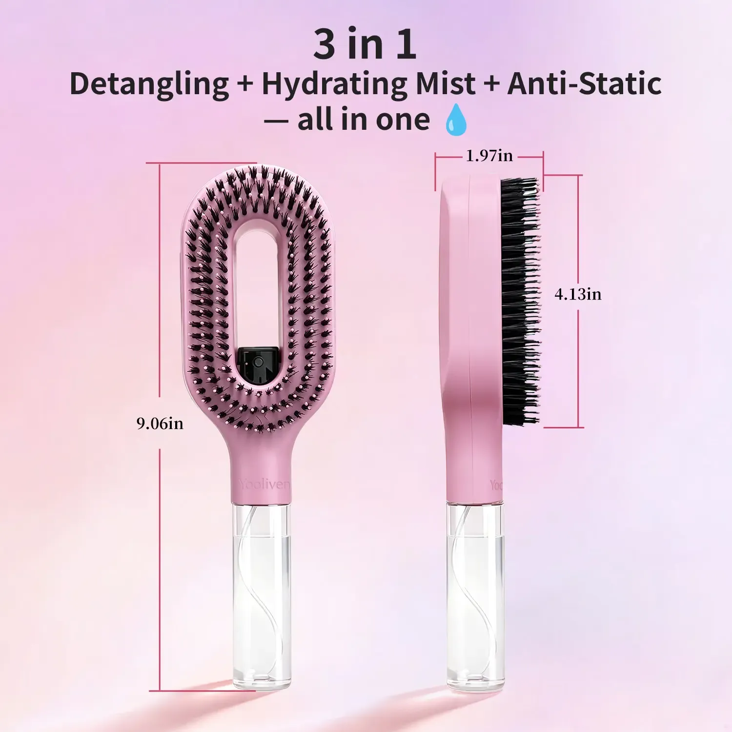3-in-1 Mist Spray Hair Brush - Anti-Frizz Ionic Detangling Comb with Refillable 55ml Water Tank, Dual Bristle Design with Massage Tips for Dry, Curly & Thick Hair, Effortlessly untangle knotted hair tiktokshopbacktoschool