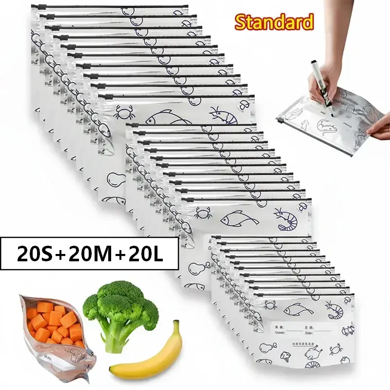 New reusable upgraded thickened upright aluminum foil sealing storage bags, with labels and zipper locks, suitable for washable kitchen items like vegetables, fruits, and meat