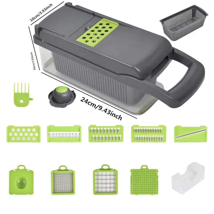Household necessities - 15-in-1 multi-functional vegetable chopper and slicer set, kitchen food preparation tool, equipped with various blades, capable of cutting onions, potatoes and garlic, vegetable slicer