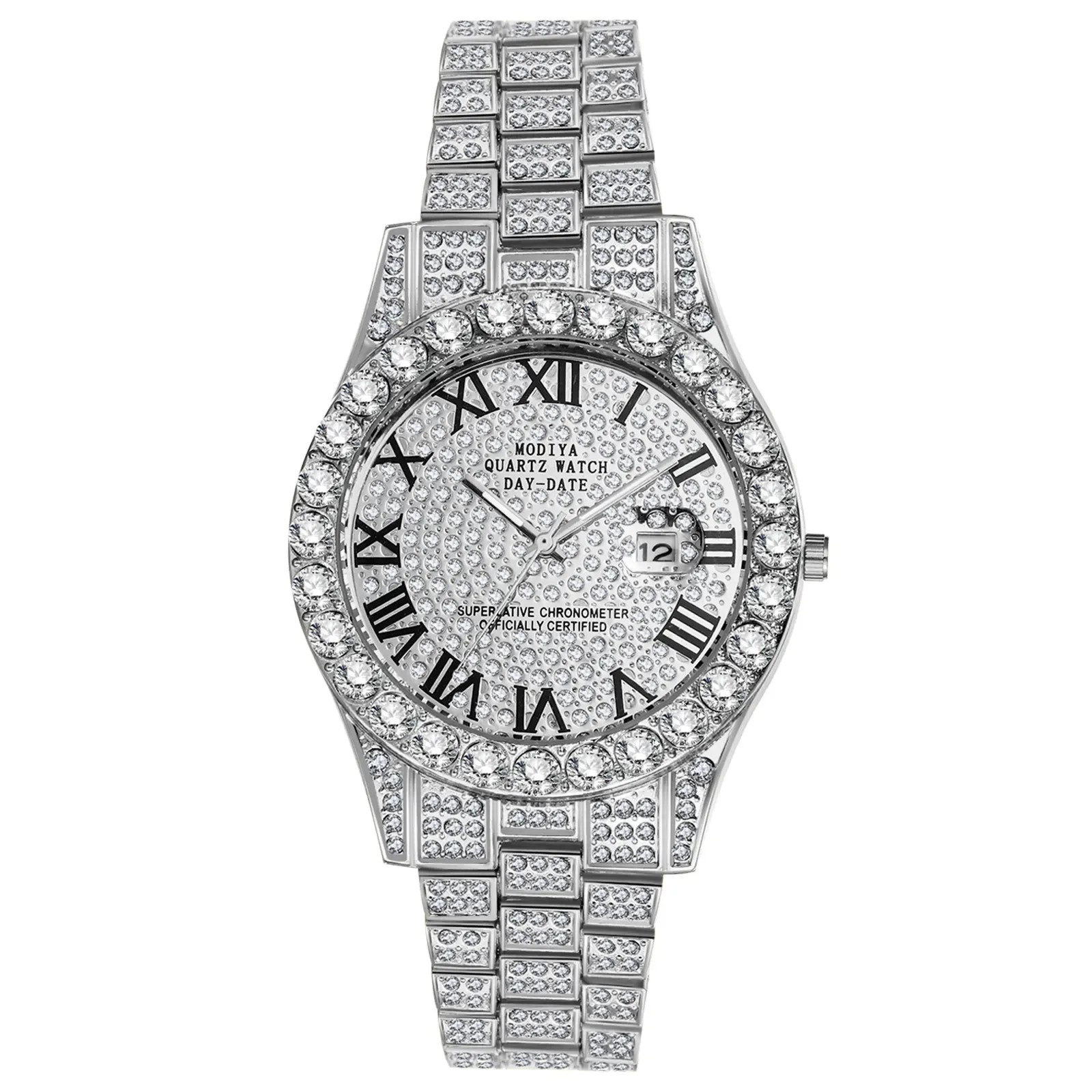 Men's Ultra-Light Rhinestone Iced Out Quartz Analog Watch - Round Face, Luxury Roman Numerals, Date Function, Business Casual Dress Watch, Men's Accessories, Boyfriend Birthday Gift, Unique Gifts for Him, Father's Day Gifts, Birthday Gifts For Bf