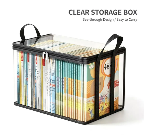 4 Pack Transparent Foldable Storage Box with Handle, Clear Book & File Organizer Bin