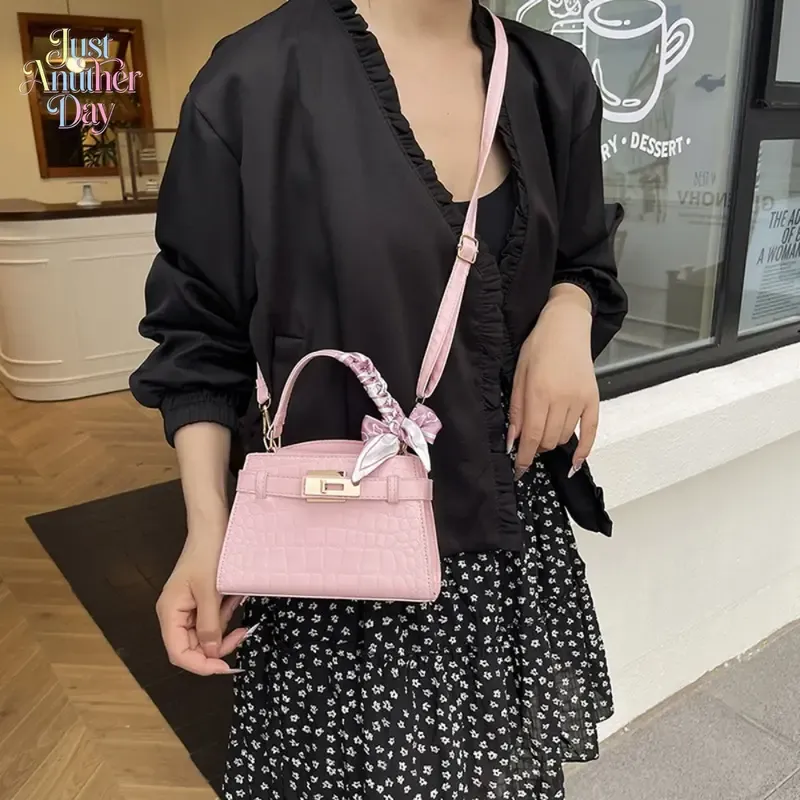 Elegant Crocodile Pattern Leather Handbag with Silk Scarf & Top Handle