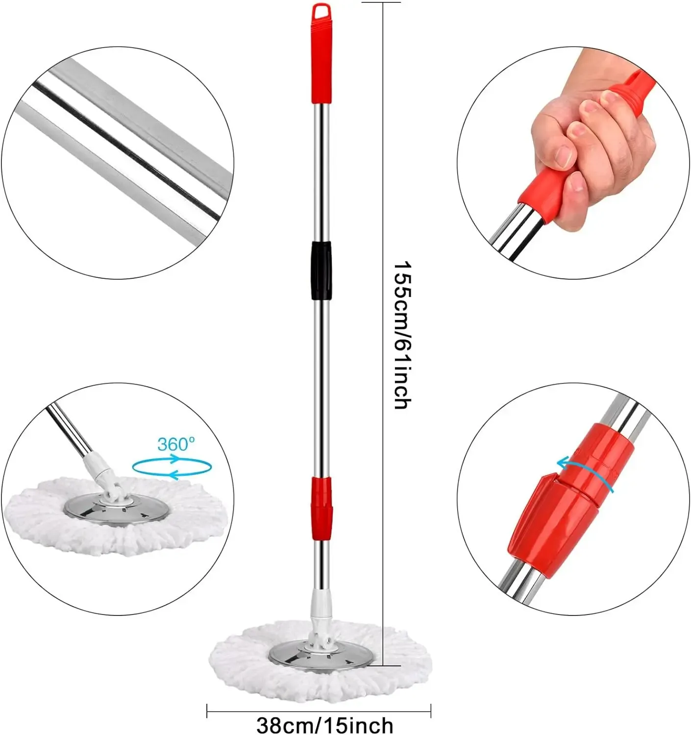 Spin Mop And Bucket Set with Wringer, 360° Rotating Mop Bucket System, Includes 2 Microfiber Mop Refill Heads And A 61-Inch Adjustable Stainless Steel Handle, Ideal for Bathroom Use, Efficient Floor Cleaning, Home Cleaning