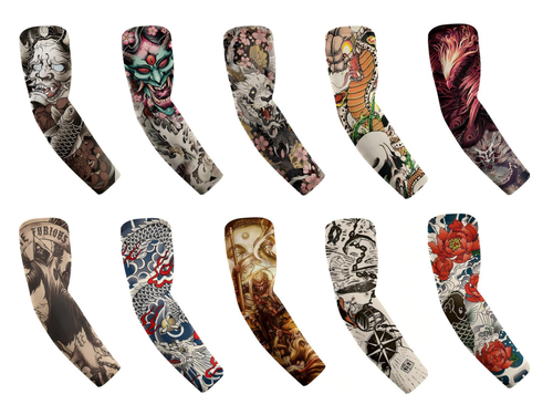 10-piece men's and women's tattoo arm sleeves with cooling function and UV protection, elastic sun-protective sleeves, suitable for daily life, outdoor sports, cycling, fishing, running and fitness etc.