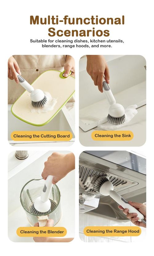 4 PCS  of six-in-one ABS dishwashing brushes, a year's worth of hygiene helper. Equipped with a leak-proof soap dispenser, adjustable angle, rotating cleaning function, wall-mounted design - comes with a cleaning pad. Soft bristles effectively remove stubborn stains, suitable for rinsing and draining cleaning of sinks and cookware.