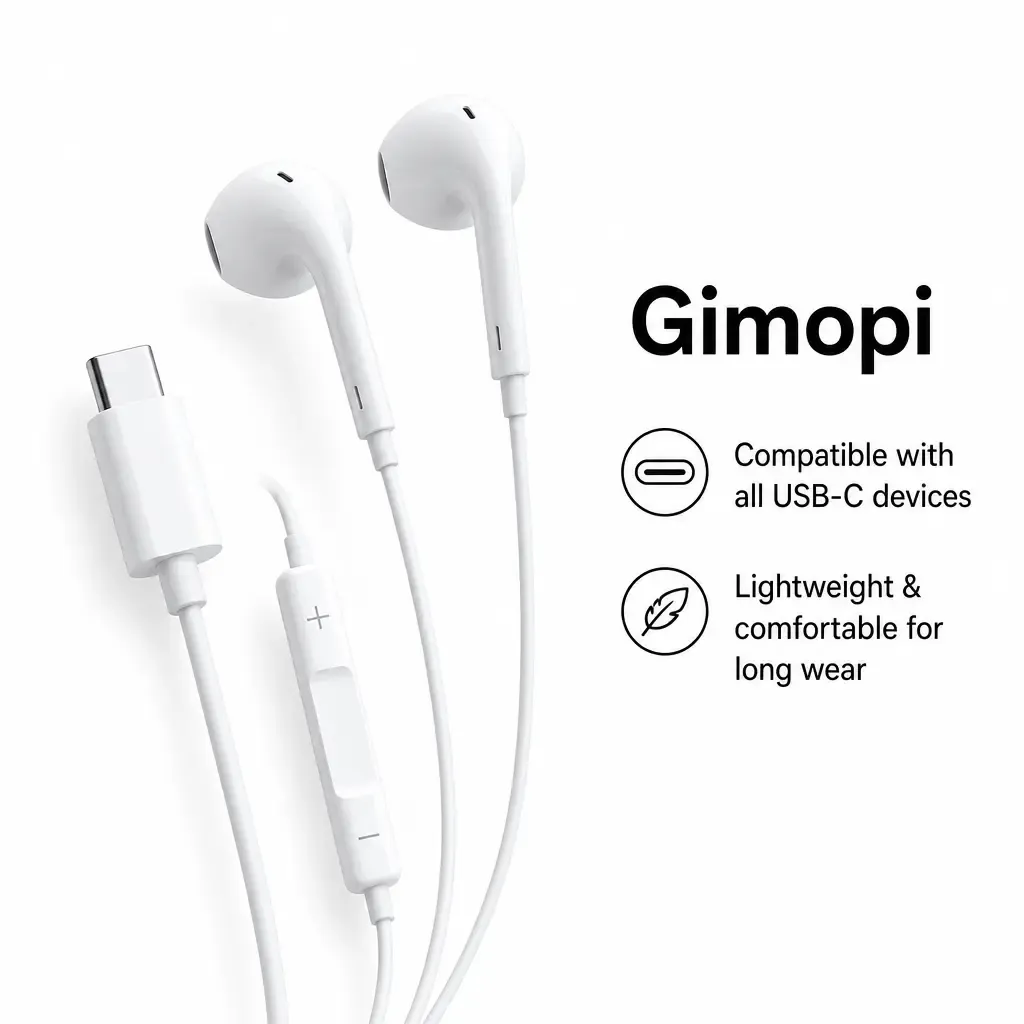 USB-C Wired Semi-In-Ear Headphones, Clear HiFi Stereo Wired Earbuds with Built-in Mic - Adjustable Volume Buttons, Lightweight Portable Daily Earphones, Compatible with iPhone 15,16,17,18, Samsung Galaxy Series, Hands-Free Calling - Daily Audio Use