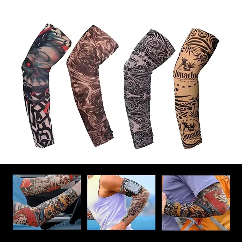10-piece men's and women's tattoo arm sleeves with cooling function and UV protection, elastic sun-protective sleeves, suitable for daily life, outdoor sports, cycling, fishing, running and fitness etc.
