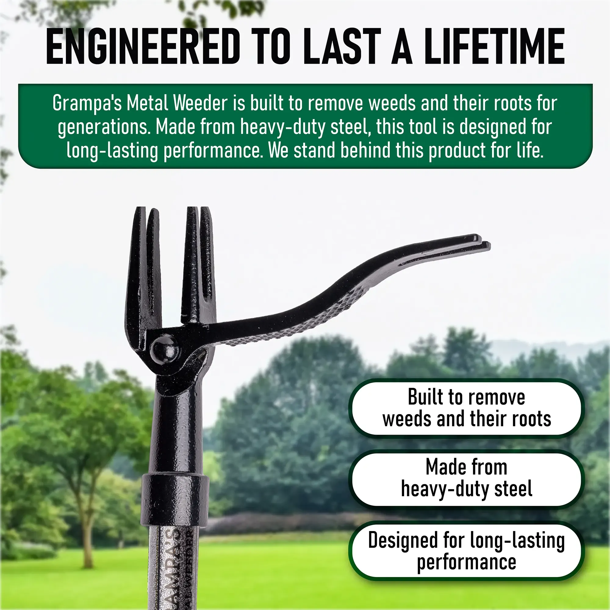 Grampa's Weeder Metal Garden Hoe - Durable Gardening Tools with All-Steel Long Handle, 4-Claw Steel Head - 3-Piece Twist-To-Assemble Design for Bendfree Weeding, Kneelfree Pulling, Grass Removal Hoes & Rakes