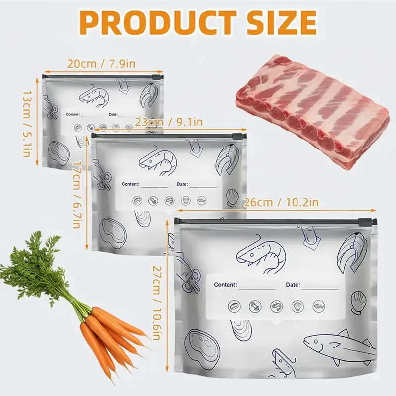 New reusable upgraded thickened upright aluminum foil sealing storage bags, with labels and zipper locks, suitable for washable kitchen items like vegetables, fruits, and meat