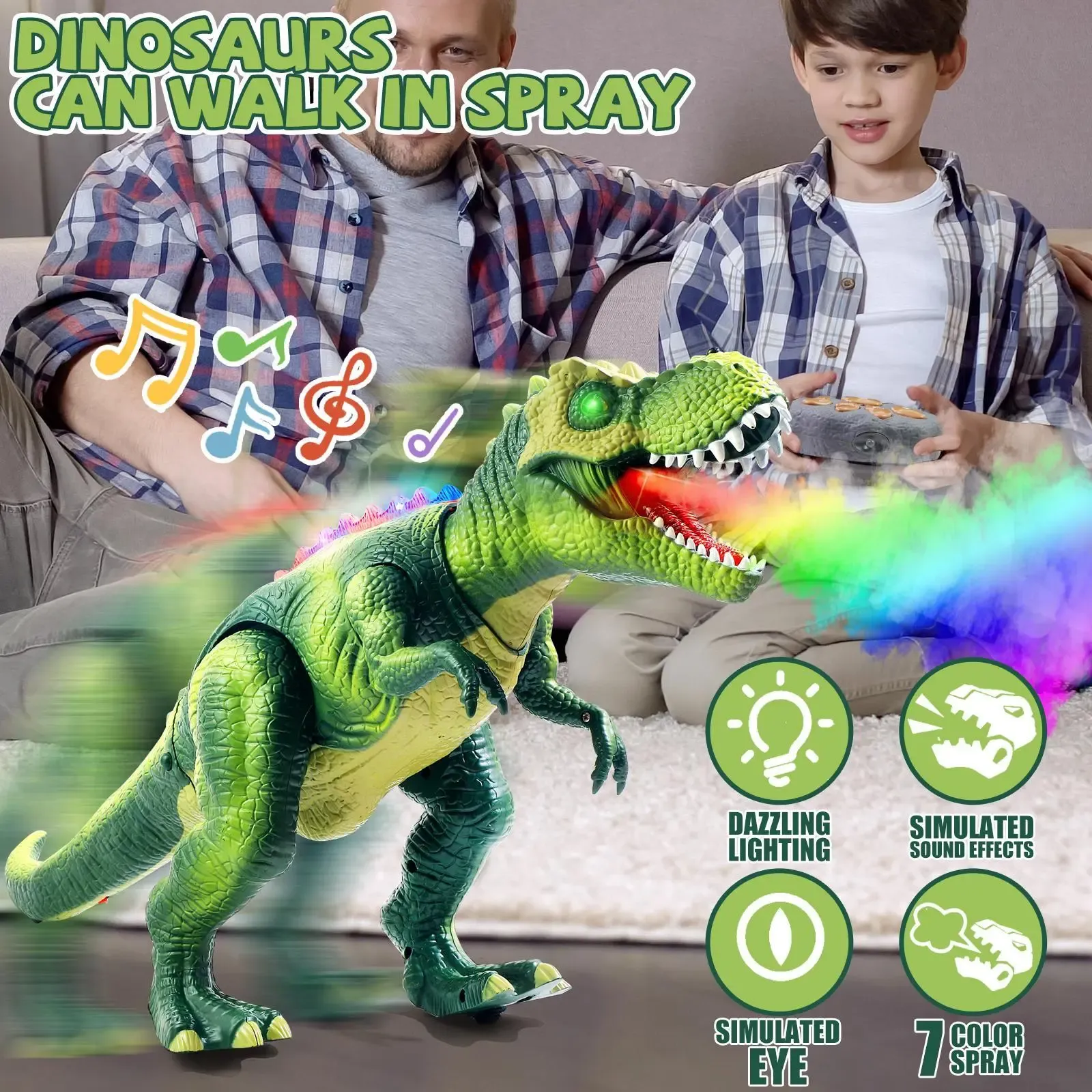 Remote Control Dinosaur Toy with Spray Mist Walking T-Rex LED Lights Roaring Sound RC Jurassic Dino for Kids Boys Girls Gift Interactive Play Engaging Fun