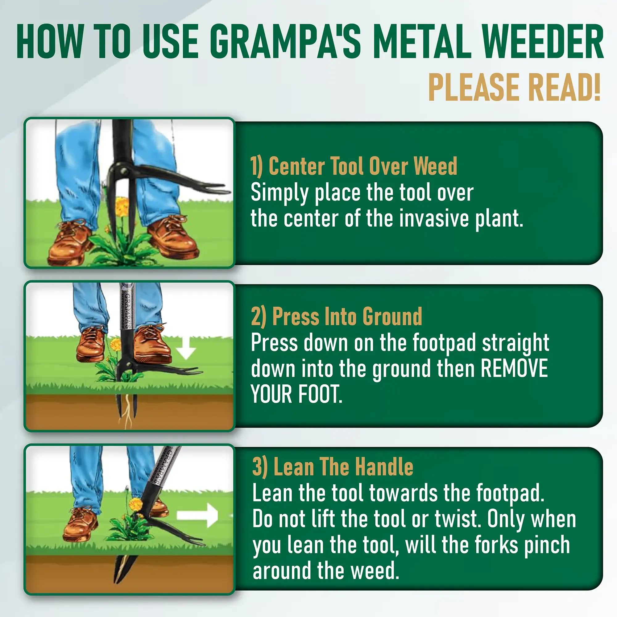 Grampa's Weeder Metal Garden Hoe - Durable Gardening Tools with All-Steel Long Handle, 4-Claw Steel Head - 3-Piece Twist-To-Assemble Design for Bendfree Weeding, Kneelfree Pulling, Grass Removal Hoes & Rakes
