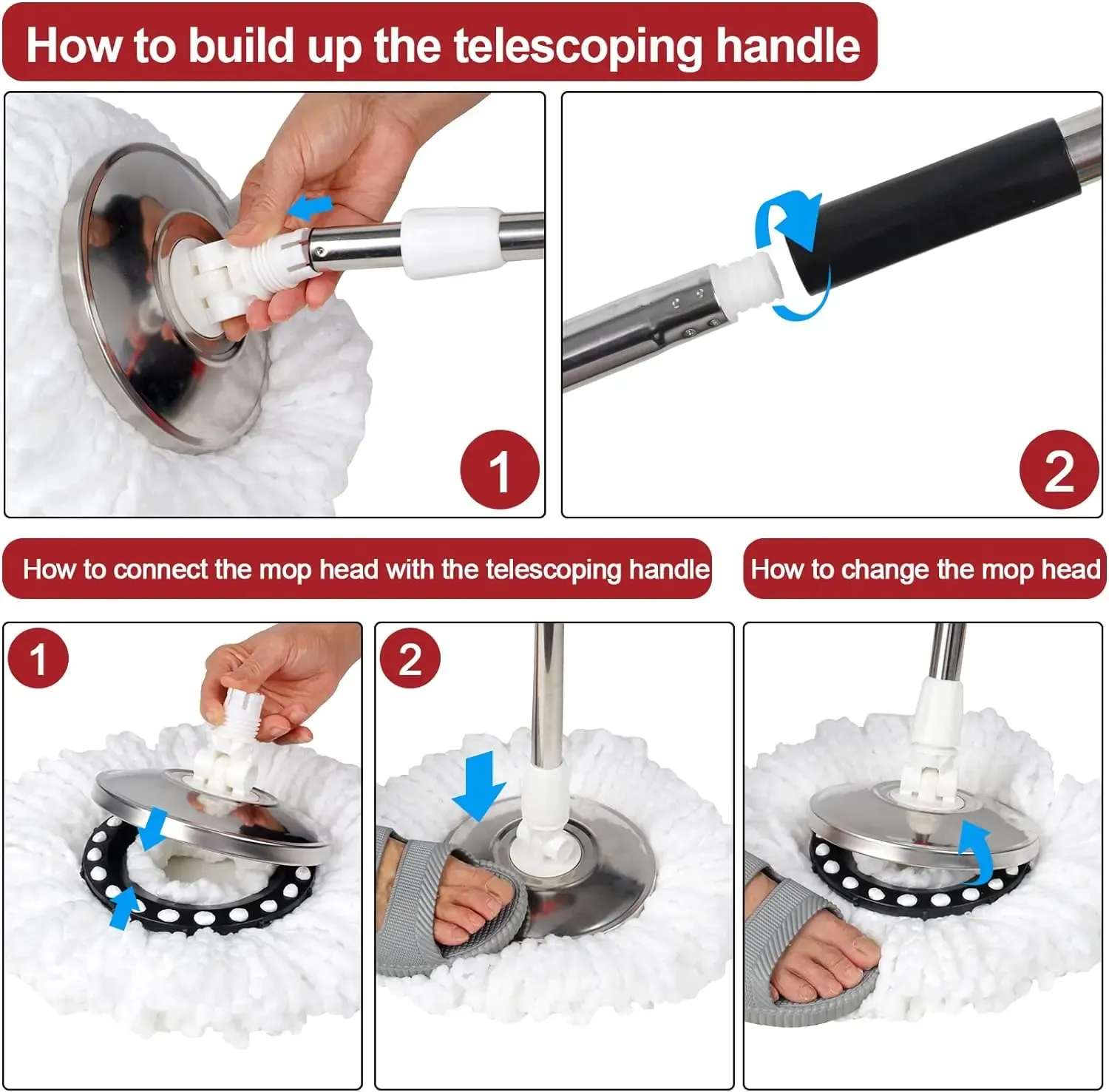 Spin Mop And Bucket Set with Wringer, 360° Rotating Mop Bucket System, Includes 2 Microfiber Mop Refill Heads And A 61-Inch Adjustable Stainless Steel Handle, Ideal for Bathroom Use, Efficient Floor Cleaning, Home Cleaning