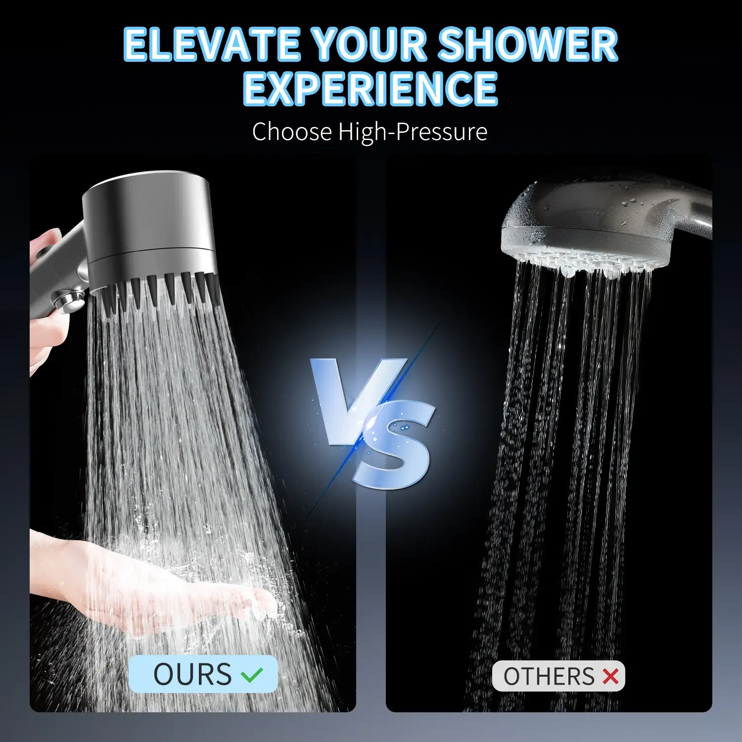 Chrome Effect Pressure Boosted Handheld Filter Shower Head, 4-Setting Massage Spray, 60s Hose, Easy Install, Low Flow, 1-Touch Water Stop, Micro-Technology Nozzles, Bathroom Fixture, Pressure Boosted Shower, Chrome Effect Showerhead Filters