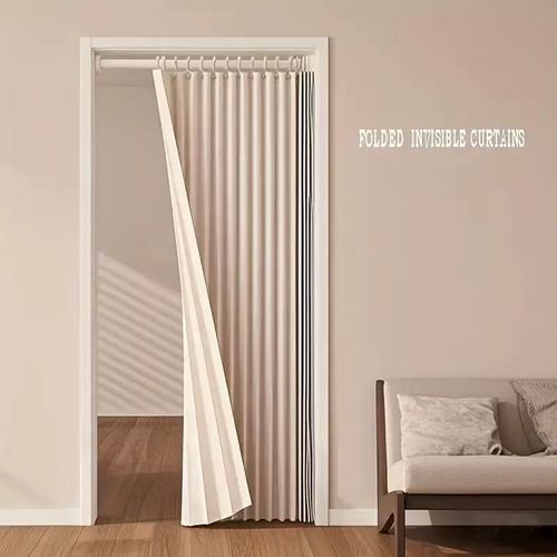 Foldable Pleated Door Curtain 100×200cm, Waterproof Mildew Resistant Imitation Linen Room Divider, Easy Install & Removable Washable Privacy Curtain